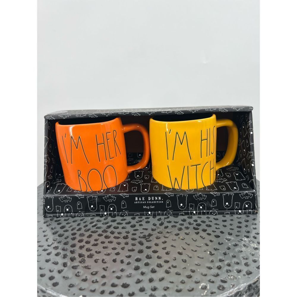 Rae Dunn Halloween I'M HER BOO & I'M HIS WITCH Orange & Yellow Mug Set of 2 NIB